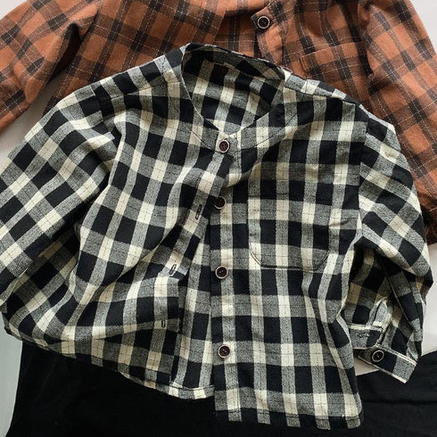 Foreign style cardigan coat spring new cotton plaid shirt